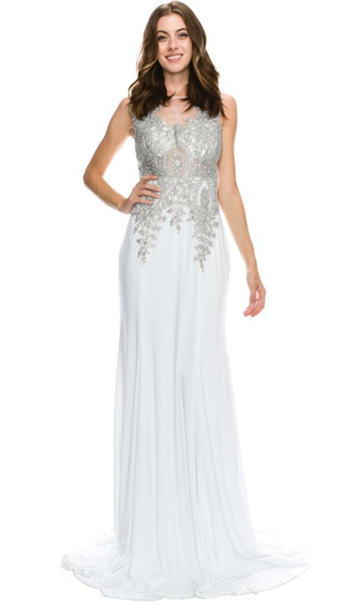 Woman wearing the Chicas C4233 gold-embroidered long prom dress, posing against a plain white background.